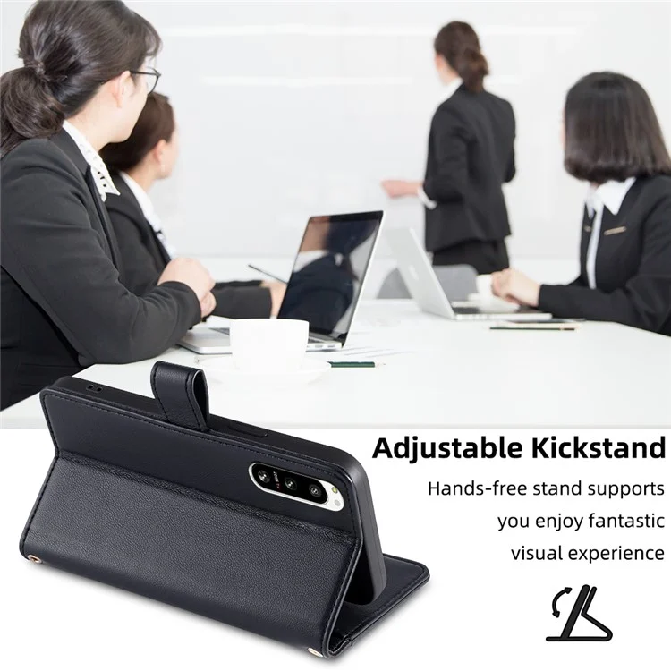 For Sony Xperia 5 IV 5G Book Style PU Leather Stand Case Zipper Pocket Card Slots Flip Phone Cover with Wrist Strap and Shoulder Strap - Black