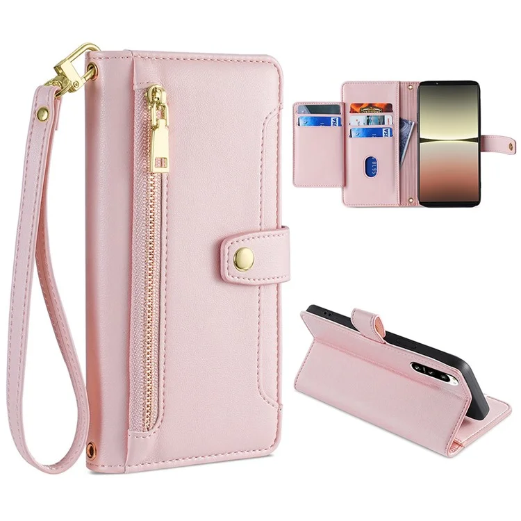 For Sony Xperia 5 IV 5G Book Style PU Leather Stand Case Zipper Pocket Card Slots Flip Phone Cover with Wrist Strap and Shoulder Strap - Pink