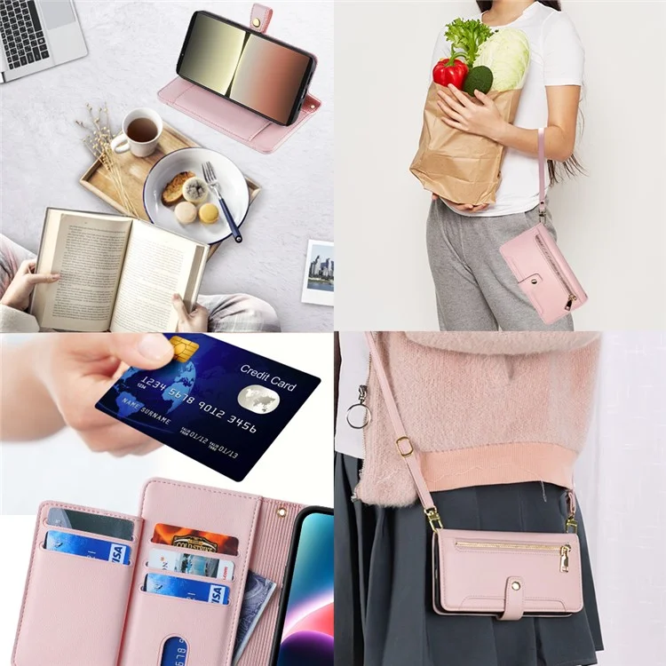 For Sony Xperia 5 IV 5G Book Style PU Leather Stand Case Zipper Pocket Card Slots Flip Phone Cover with Wrist Strap and Shoulder Strap - Pink