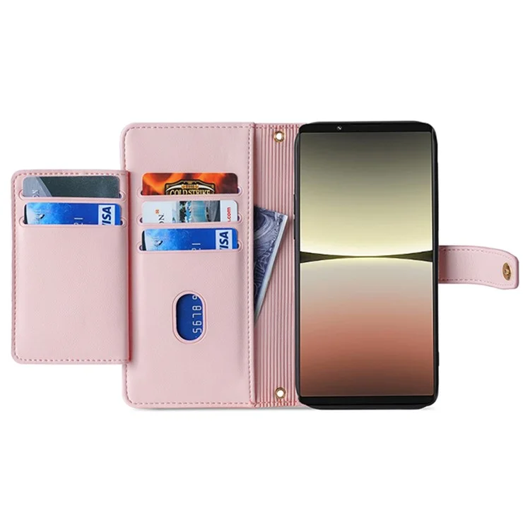 For Sony Xperia 5 IV 5G Book Style PU Leather Stand Case Zipper Pocket Card Slots Flip Phone Cover with Wrist Strap and Shoulder Strap - Pink