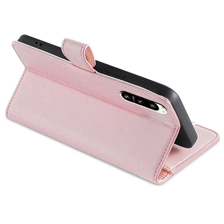 For Sony Xperia 5 IV 5G Book Style PU Leather Stand Case Zipper Pocket Card Slots Flip Phone Cover with Wrist Strap and Shoulder Strap - Pink