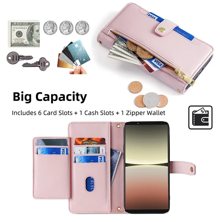 For Sony Xperia 5 IV 5G Book Style PU Leather Stand Case Zipper Pocket Card Slots Flip Phone Cover with Wrist Strap and Shoulder Strap - Pink