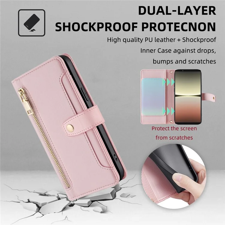 For Sony Xperia 5 IV 5G Book Style PU Leather Stand Case Zipper Pocket Card Slots Flip Phone Cover with Wrist Strap and Shoulder Strap - Pink
