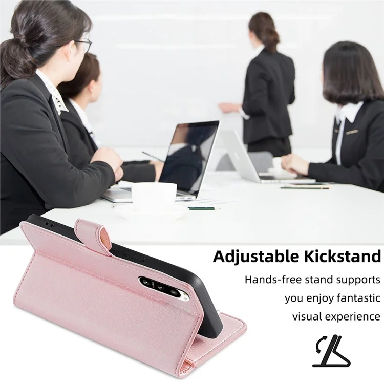 For Sony Xperia 5 IV 5G Book Style PU Leather Stand Case Zipper Pocket Card Slots Flip Phone Cover with Wrist Strap and Shoulder Strap - Pink