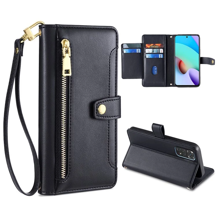 Para Xiaomi Redmi Note 11 4G (Qualcomm) / Note 11S 4G Funda Flip de Cuero PU con Soporte Plegable, Bolsillo con Cremallera, Ranuras para Tarjetas, Tapa del Teléfono con Correa de Muñeca y Correa para el Hombro - Negro