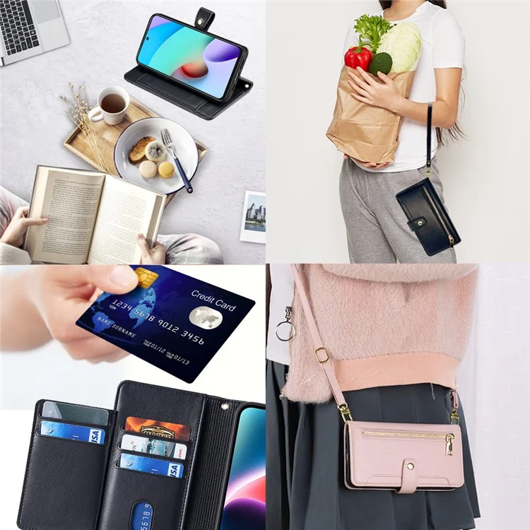 Para Xiaomi Redmi Note 11 4G (Qualcomm) / Note 11S 4G Funda Flip de Cuero PU con Soporte Plegable, Bolsillo con Cremallera, Ranuras para Tarjetas, Tapa del Teléfono con Correa de Muñeca y Correa para el Hombro - Negro