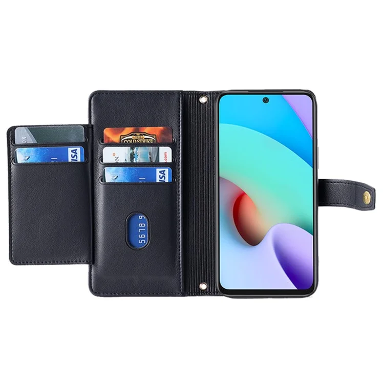 Para Xiaomi Redmi Note 11 4G (Qualcomm) / Note 11S 4G Funda Flip de Cuero PU con Soporte Plegable, Bolsillo con Cremallera, Ranuras para Tarjetas, Tapa del Teléfono con Correa de Muñeca y Correa para el Hombro - Negro