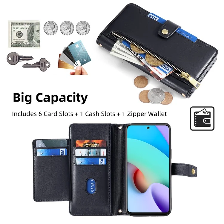 Para Xiaomi Redmi Note 11 4G (Qualcomm) / Note 11S 4G Funda Flip de Cuero PU con Soporte Plegable, Bolsillo con Cremallera, Ranuras para Tarjetas, Tapa del Teléfono con Correa de Muñeca y Correa para el Hombro - Negro
