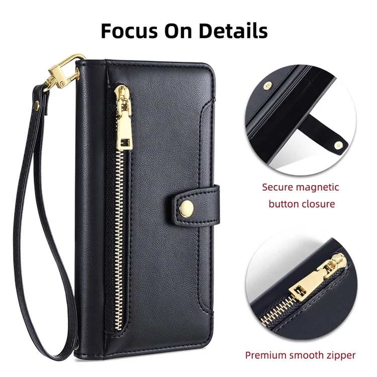 Para Xiaomi Redmi Note 11 4G (Qualcomm) / Note 11S 4G Funda Flip de Cuero PU con Soporte Plegable, Bolsillo con Cremallera, Ranuras para Tarjetas, Tapa del Teléfono con Correa de Muñeca y Correa para el Hombro - Negro