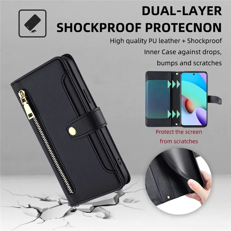 Para Xiaomi Redmi Note 11 4G (Qualcomm) / Note 11S 4G Funda Flip de Cuero PU con Soporte Plegable, Bolsillo con Cremallera, Ranuras para Tarjetas, Tapa del Teléfono con Correa de Muñeca y Correa para el Hombro - Negro