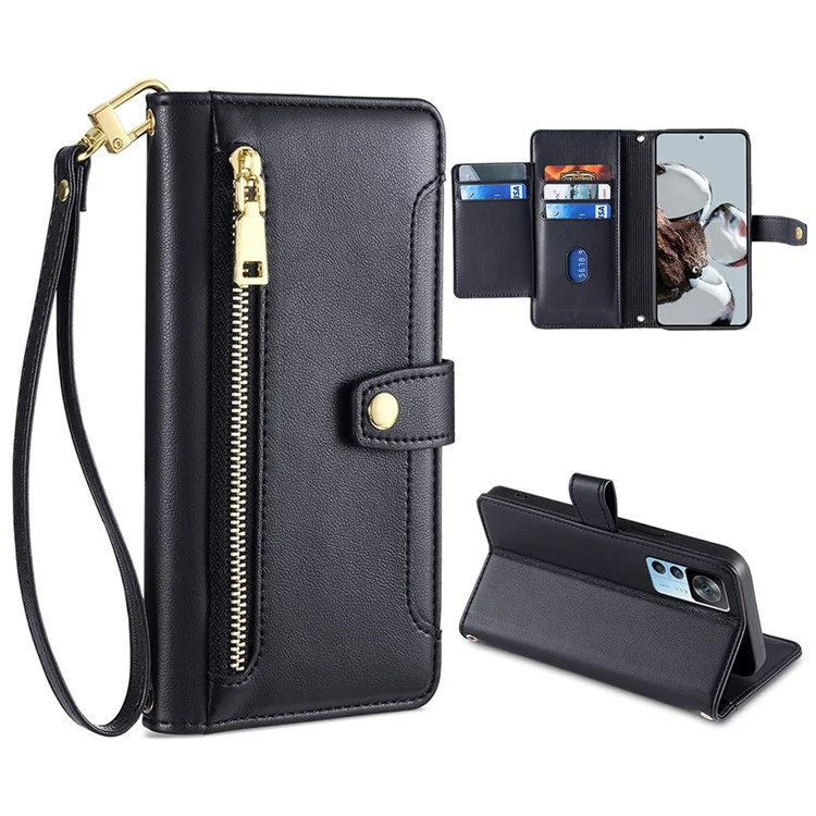 For Xiaomi Redmi K50 Ultra 5G / 12T 5G PU Leather Stand Case Zipper Pocket Phone Cover with Wrist Strap and Shoulder Strap - Black