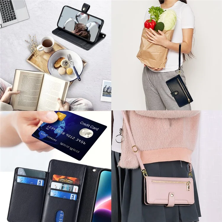 For Xiaomi Redmi K50 Ultra 5G / 12T 5G PU Leather Stand Case Zipper Pocket Phone Cover with Wrist Strap and Shoulder Strap - Black