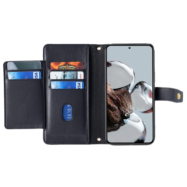 For Xiaomi Redmi K50 Ultra 5G / 12T 5G PU Leather Stand Case Zipper Pocket Phone Cover with Wrist Strap and Shoulder Strap - Black