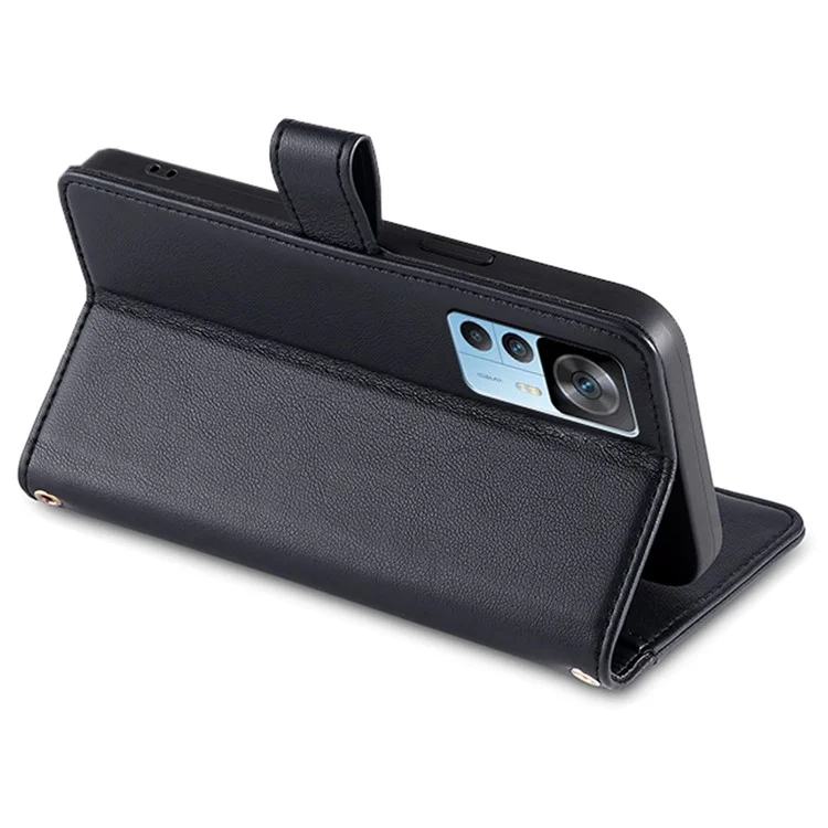 For Xiaomi Redmi K50 Ultra 5G / 12T 5G PU Leather Stand Case Zipper Pocket Phone Cover with Wrist Strap and Shoulder Strap - Black