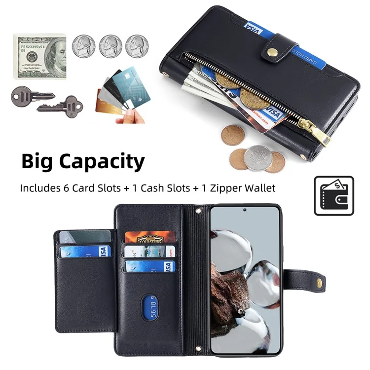 For Xiaomi Redmi K50 Ultra 5G / 12T 5G PU Leather Stand Case Zipper Pocket Phone Cover with Wrist Strap and Shoulder Strap - Black