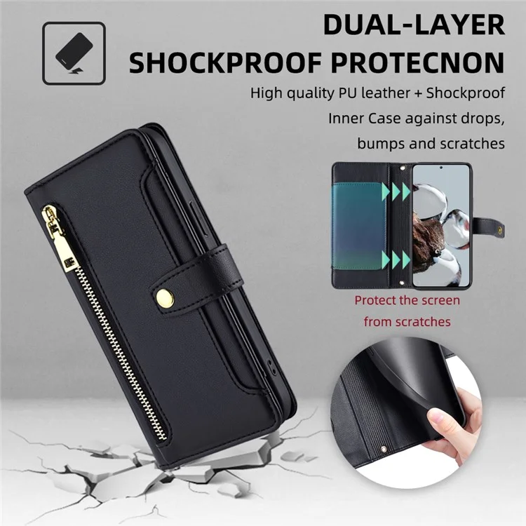 For Xiaomi Redmi K50 Ultra 5G / 12T 5G PU Leather Stand Case Zipper Pocket Phone Cover with Wrist Strap and Shoulder Strap - Black