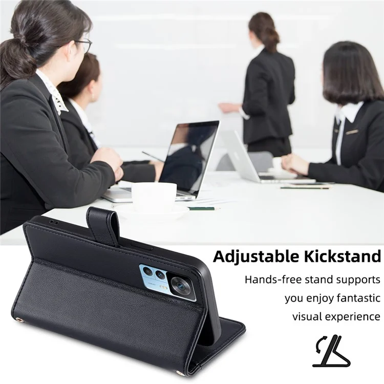 For Xiaomi Redmi K50 Ultra 5G / 12T 5G PU Leather Stand Case Zipper Pocket Phone Cover with Wrist Strap and Shoulder Strap - Black