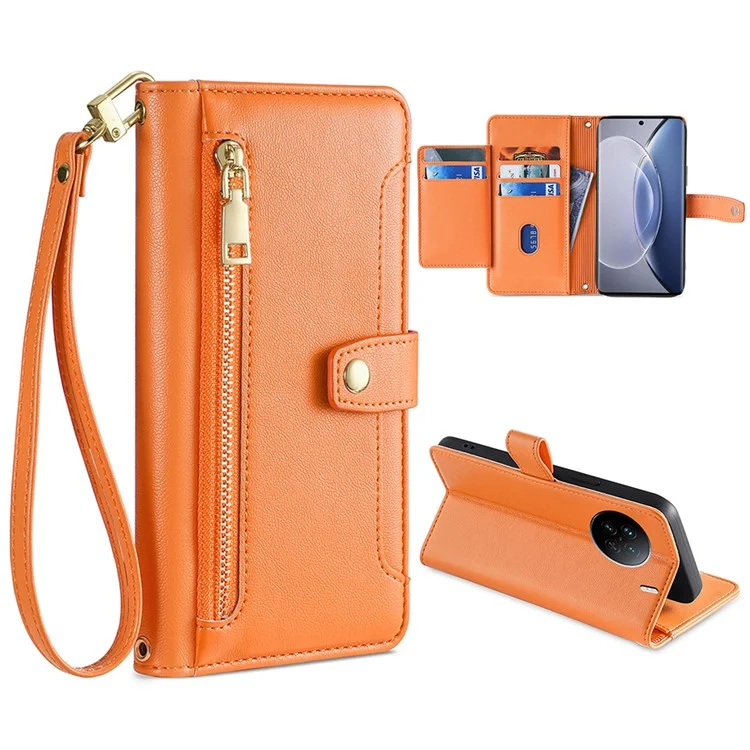 Per vivo X90 5G PU Leather Stand Case Zipper Pocket Card Slots Well-protected Flip Phone Cover with Wrist Strap and Shoulder Strap - Arancione