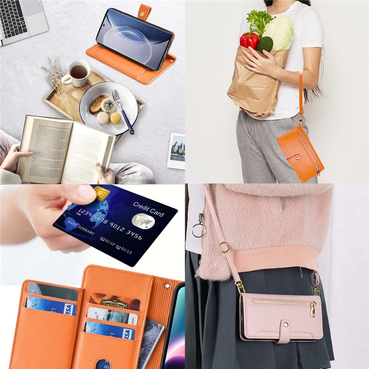 Per vivo X90 5G PU Leather Stand Case Zipper Pocket Card Slots Well-protected Flip Phone Cover with Wrist Strap and Shoulder Strap - Arancione