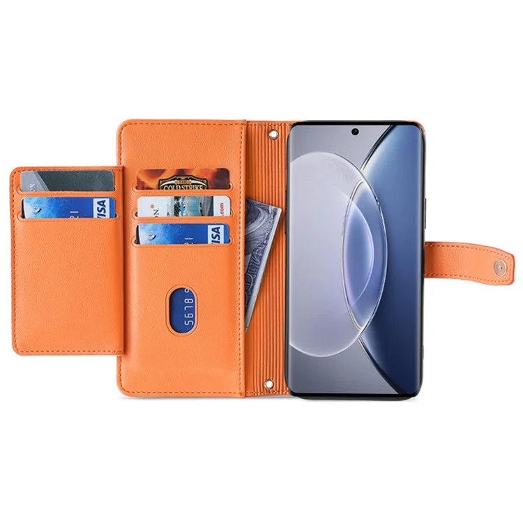 Per vivo X90 5G PU Leather Stand Case Zipper Pocket Card Slots Well-protected Flip Phone Cover with Wrist Strap and Shoulder Strap - Arancione