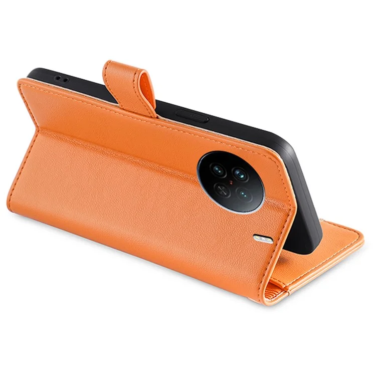 Per vivo X90 5G PU Leather Stand Case Zipper Pocket Card Slots Well-protected Flip Phone Cover with Wrist Strap and Shoulder Strap - Arancione