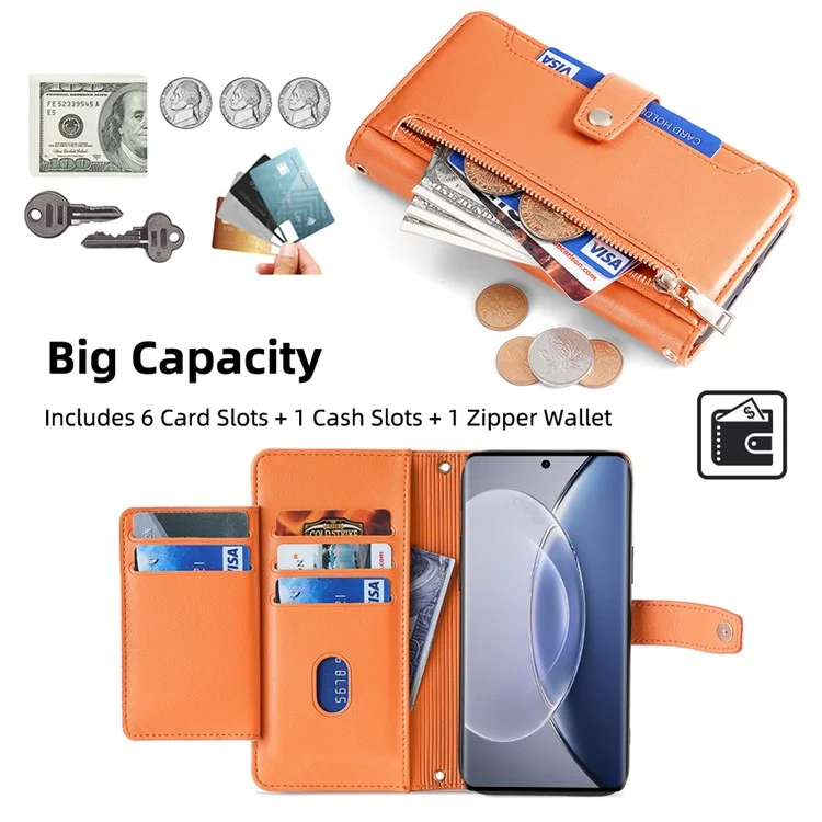 Per vivo X90 5G PU Leather Stand Case Zipper Pocket Card Slots Well-protected Flip Phone Cover with Wrist Strap and Shoulder Strap - Arancione
