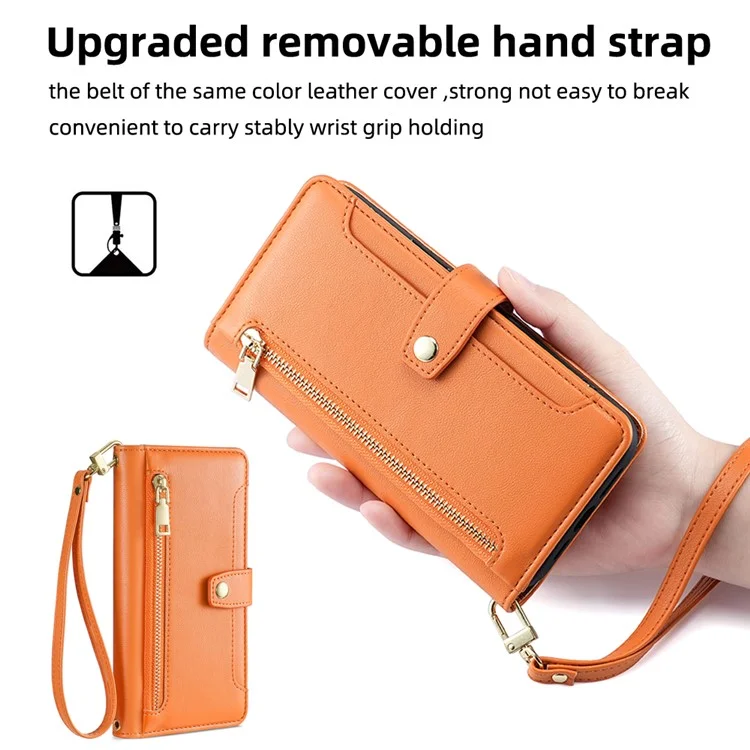 Per vivo X90 5G PU Leather Stand Case Zipper Pocket Card Slots Well-protected Flip Phone Cover with Wrist Strap and Shoulder Strap - Arancione