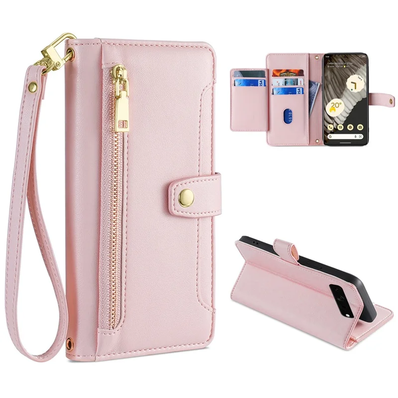 For Google Pixel 7 Pro 5G PU Leather Stand Case Zipper Pocket Phone Cover with Wrist Strap and Shoulder Strap - Pink