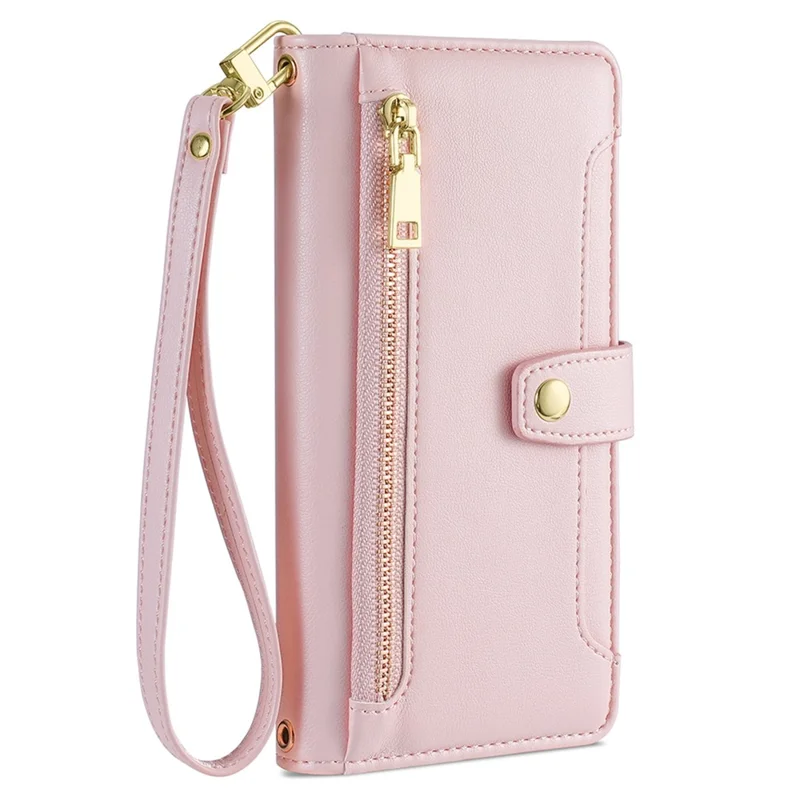 For Google Pixel 7 Pro 5G PU Leather Stand Case Zipper Pocket Phone Cover with Wrist Strap and Shoulder Strap - Pink