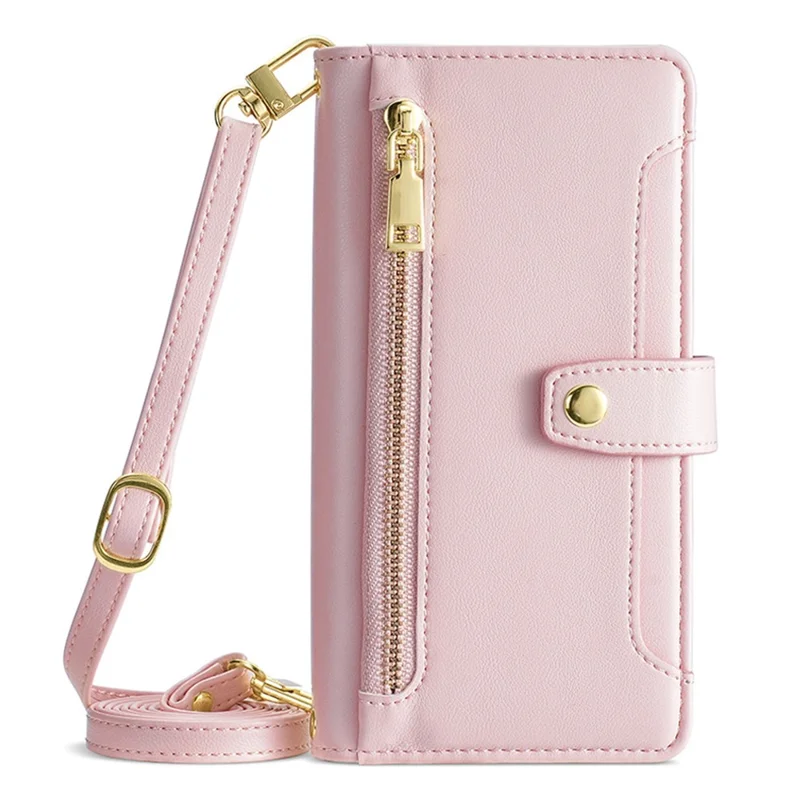 For Google Pixel 7 Pro 5G PU Leather Stand Case Zipper Pocket Phone Cover with Wrist Strap and Shoulder Strap - Pink