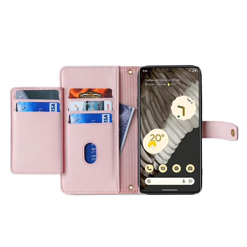 For Google Pixel 7 Pro 5G PU Leather Stand Case Zipper Pocket Phone Cover with Wrist Strap and Shoulder Strap - Pink