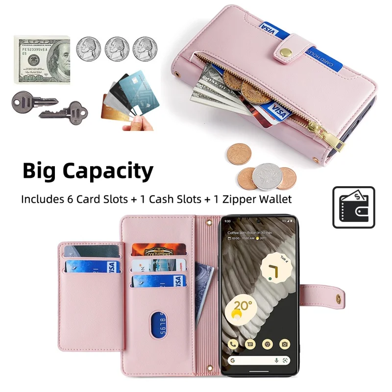For Google Pixel 7 Pro 5G PU Leather Stand Case Zipper Pocket Phone Cover with Wrist Strap and Shoulder Strap - Pink