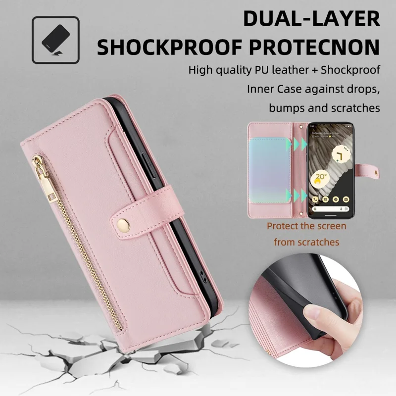 For Google Pixel 7 Pro 5G PU Leather Stand Case Zipper Pocket Phone Cover with Wrist Strap and Shoulder Strap - Pink
