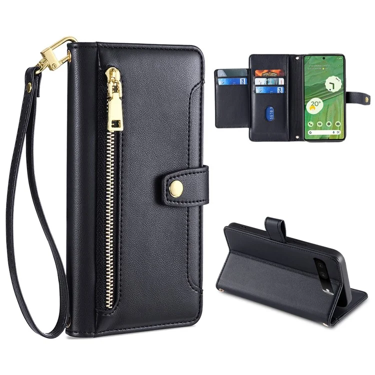 Pour Google Pixel 7 5G Textured PU Leather Zipper Pocket Wallet Phone Case Stand Multiple Card Slots Magnetic Closure Cover with Wrist Strap and Shoulder Strap - Noir