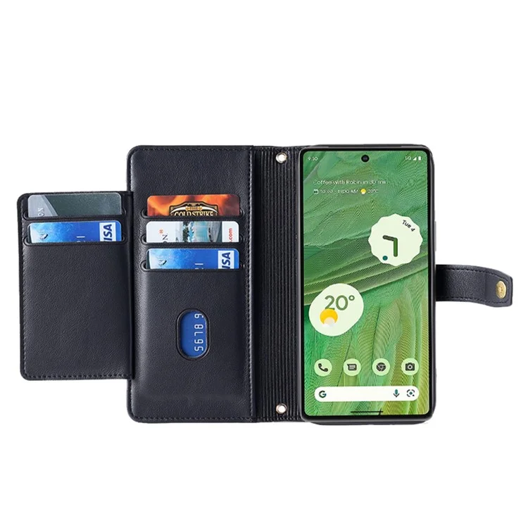 Pour Google Pixel 7 5G Textured PU Leather Zipper Pocket Wallet Phone Case Stand Multiple Card Slots Magnetic Closure Cover with Wrist Strap and Shoulder Strap - Noir