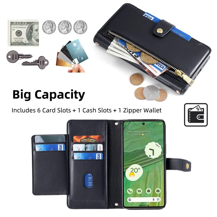 Pour Google Pixel 7 5G Textured PU Leather Zipper Pocket Wallet Phone Case Stand Multiple Card Slots Magnetic Closure Cover with Wrist Strap and Shoulder Strap - Noir