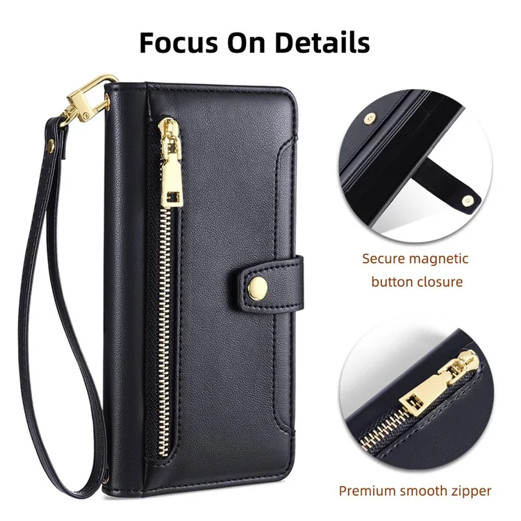 Pour Google Pixel 7 5G Textured PU Leather Zipper Pocket Wallet Phone Case Stand Multiple Card Slots Magnetic Closure Cover with Wrist Strap and Shoulder Strap - Noir
