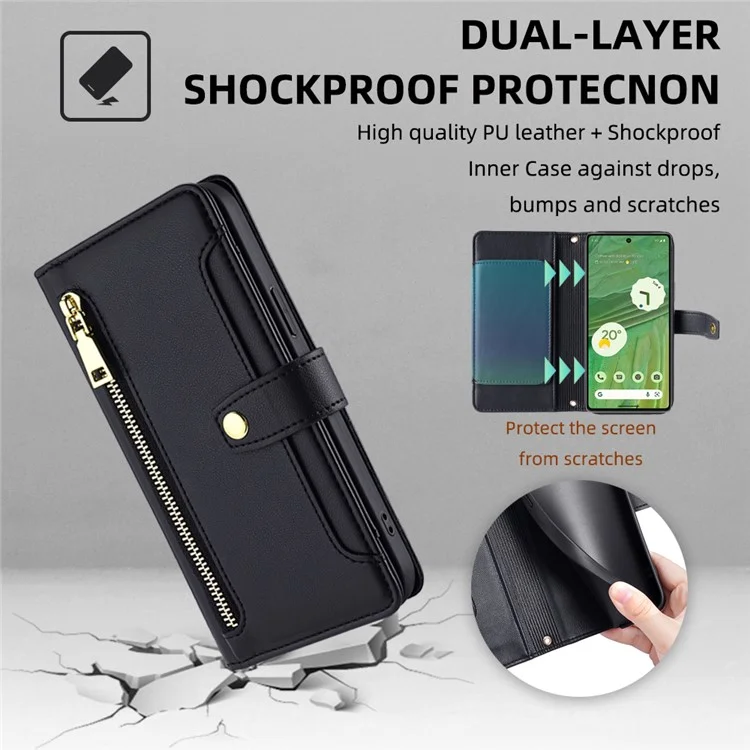 Pour Google Pixel 7 5G Textured PU Leather Zipper Pocket Wallet Phone Case Stand Multiple Card Slots Magnetic Closure Cover with Wrist Strap and Shoulder Strap - Noir