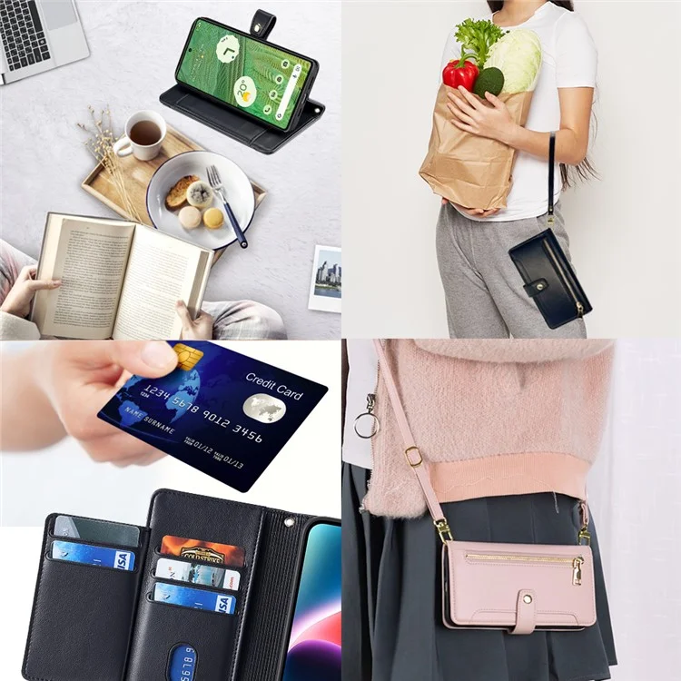 Pour Google Pixel 7 5G Textured PU Leather Zipper Pocket Wallet Phone Case Stand Multiple Card Slots Magnetic Closure Cover with Wrist Strap and Shoulder Strap - Noir