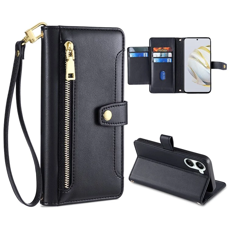 Para Huawei nova 10 SE 4G Capa de Telefone com Cartão de Bolso de Pele de PU, Suporte Flip Hands-free, Zíper e Alça de Ombro - Preto