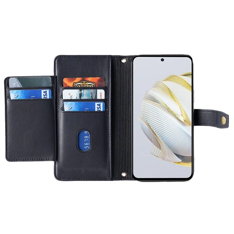 Para Huawei nova 10 SE 4G Capa de Telefone com Cartão de Bolso de Pele de PU, Suporte Flip Hands-free, Zíper e Alça de Ombro - Preto