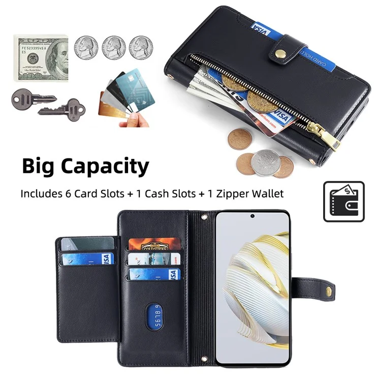 Para Huawei nova 10 SE 4G Capa de Telefone com Cartão de Bolso de Pele de PU, Suporte Flip Hands-free, Zíper e Alça de Ombro - Preto