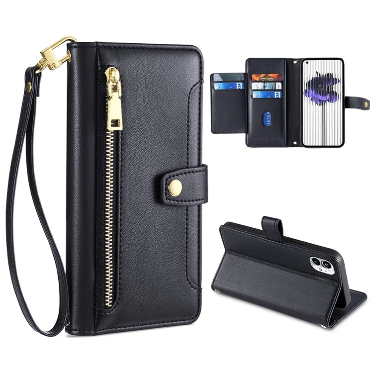 For Nothing phone (1) 5G Anti-scratch Zipper Pocket PU Leather Stand Case Card Slots Flip Phone Cover with Wrist Strap and Shoulder Strap - Schwarz