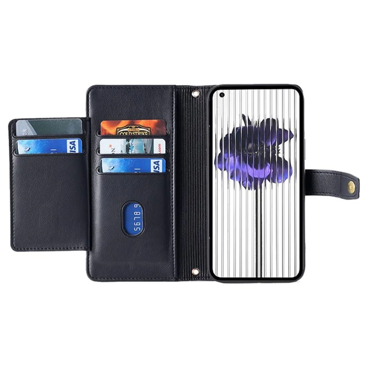 For Nothing phone (1) 5G Anti-scratch Zipper Pocket PU Leather Stand Case Card Slots Flip Phone Cover with Wrist Strap and Shoulder Strap - Schwarz