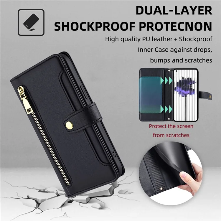 For Nothing phone (1) 5G Anti-scratch Zipper Pocket PU Leather Stand Case Card Slots Flip Phone Cover with Wrist Strap and Shoulder Strap - Schwarz