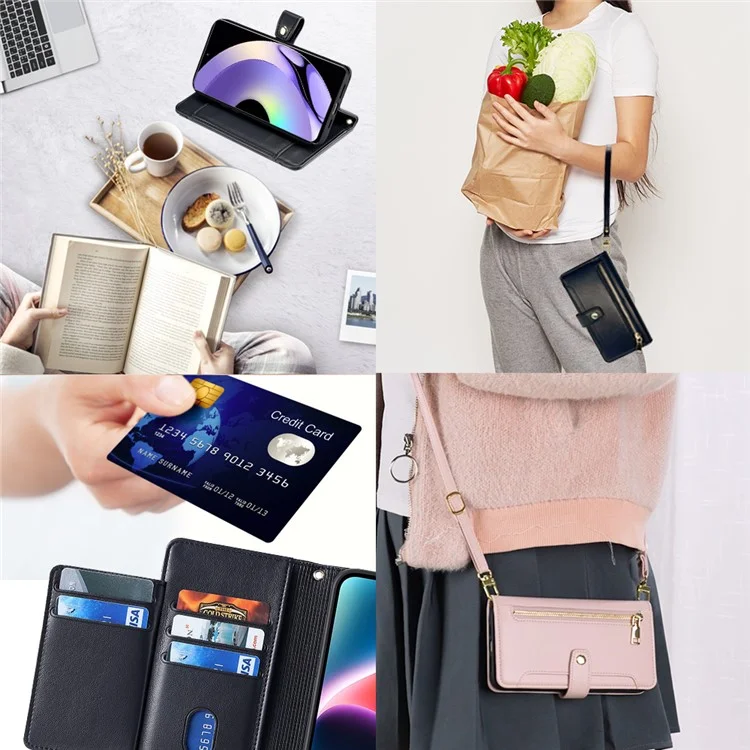 Per Realme 10 Pro 5G Custodia Portafoglio in Pelle PU con Cerniera, Supporto e Slot per Schede, Antiurto, Custodia Flip per Telefono con Cinturino da Polso e Tracolla - Nero