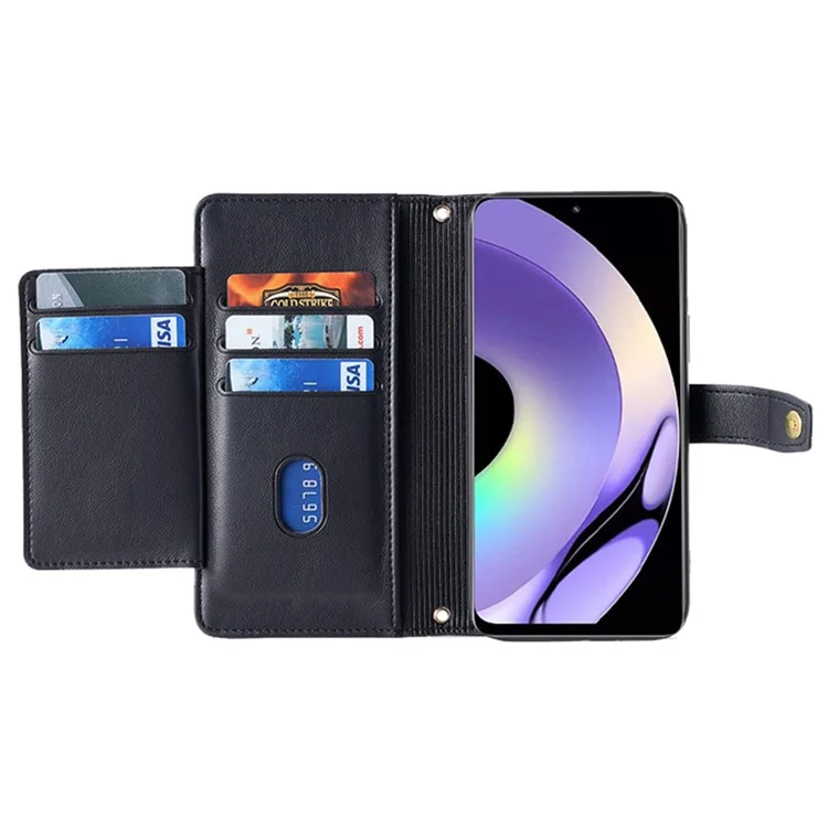 Per Realme 10 Pro 5G Custodia Portafoglio in Pelle PU con Cerniera, Supporto e Slot per Schede, Antiurto, Custodia Flip per Telefono con Cinturino da Polso e Tracolla - Nero
