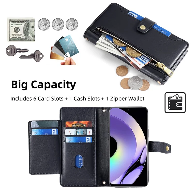 Per Realme 10 Pro 5G Custodia Portafoglio in Pelle PU con Cerniera, Supporto e Slot per Schede, Antiurto, Custodia Flip per Telefono con Cinturino da Polso e Tracolla - Nero