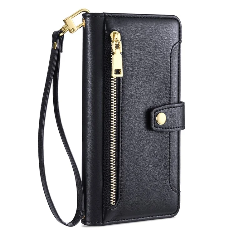Pour iPhone 14 Pro Textured PU Leather Multiple Card Slots Stand Cover Zipper Pocket Flip Wallet Phone Case with Wrist Strap and Shoulder Strap - Noir