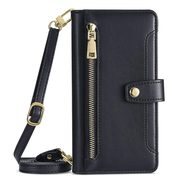 Pour iPhone 14 Pro Textured PU Leather Multiple Card Slots Stand Cover Zipper Pocket Flip Wallet Phone Case with Wrist Strap and Shoulder Strap - Noir